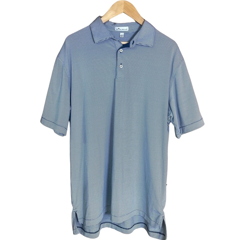 Peter Millar Men's Polo Shirt Sz L Golf Blue Striped Short Sleeve
